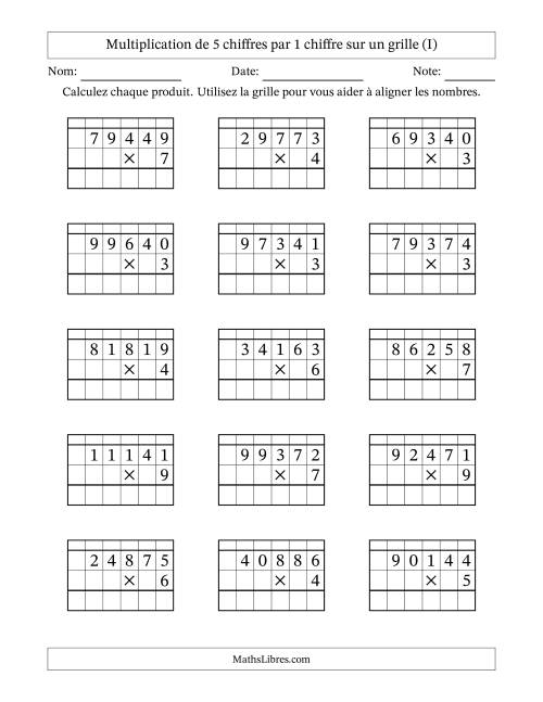 Multiplication de 5 chiffres par 1 chiffre avec l'aide d'une grille avec retenue (I)