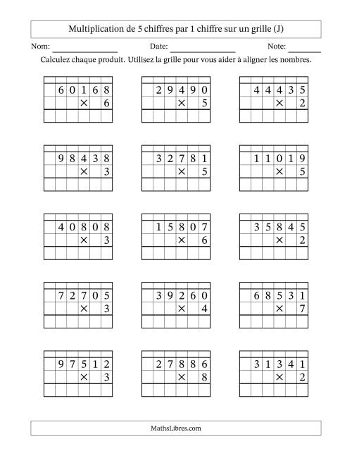 Multiplication de 5 chiffres par 1 chiffre avec l'aide d'une grille avec retenue (J)