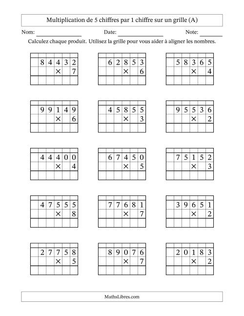 Multiplication de 5 chiffres par 1 chiffre avec l'aide d'une grille avec retenue (Tout)