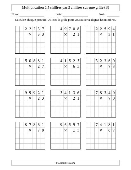 Multiplication à 5 chiffres par 2 chiffres avec le support d'une grille (B)