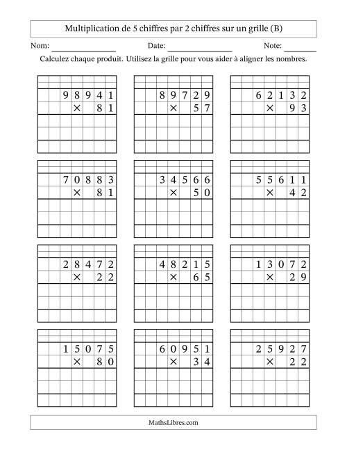 Multiplication de 5 chiffres par 2 chiffres avec l'aide d'une grille avec retenue (B)