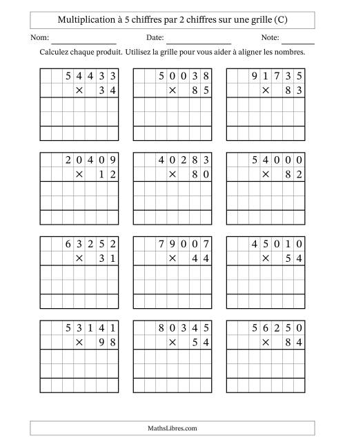 Multiplication à 5 chiffres par 2 chiffres avec le support d'une grille (C)