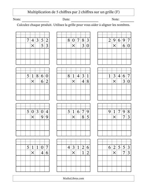 Multiplication de 5 chiffres par 2 chiffres avec l'aide d'une grille avec retenue (F)