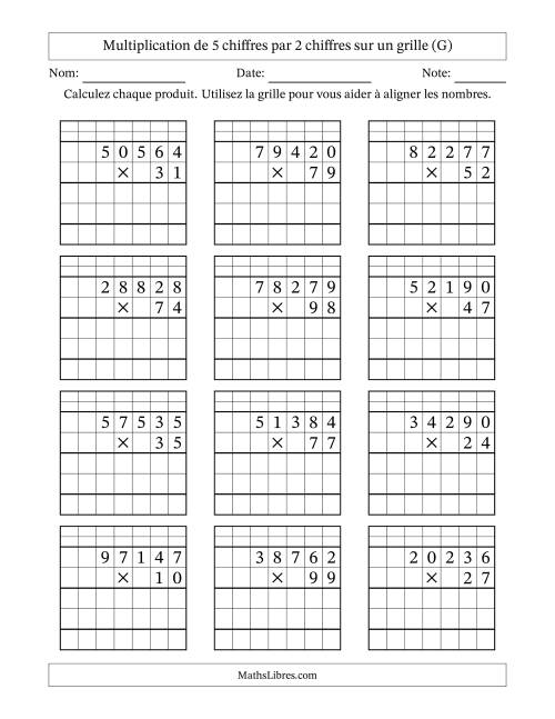 Multiplication de 5 chiffres par 2 chiffres avec l'aide d'une grille avec retenue (G)