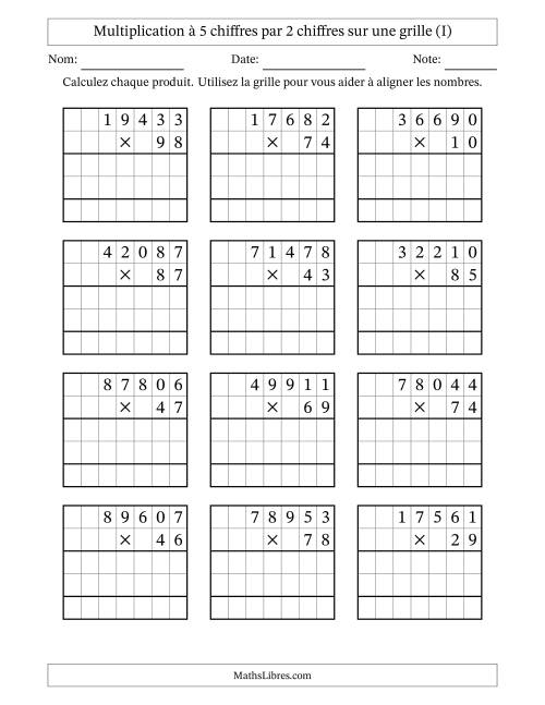 Multiplication à 5 chiffres par 2 chiffres avec le support d'une grille (I)