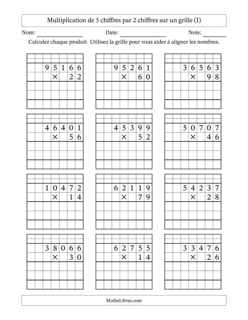 Multiplication de 5 chiffres par 2 chiffres avec l'aide d'une grille avec retenue (I)