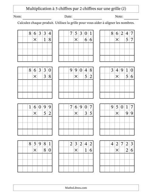Multiplication à 5 chiffres par 2 chiffres avec le support d'une grille (J)