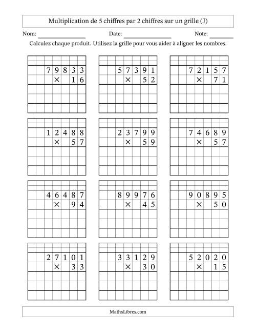 Multiplication de 5 chiffres par 2 chiffres avec l'aide d'une grille avec retenue (J)