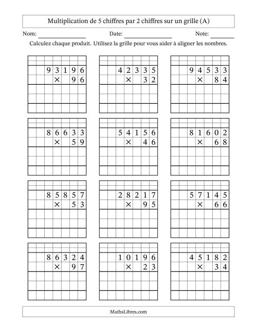 Multiplication de 5 chiffres par 2 chiffres avec l'aide d'une grille avec retenue (Tout)