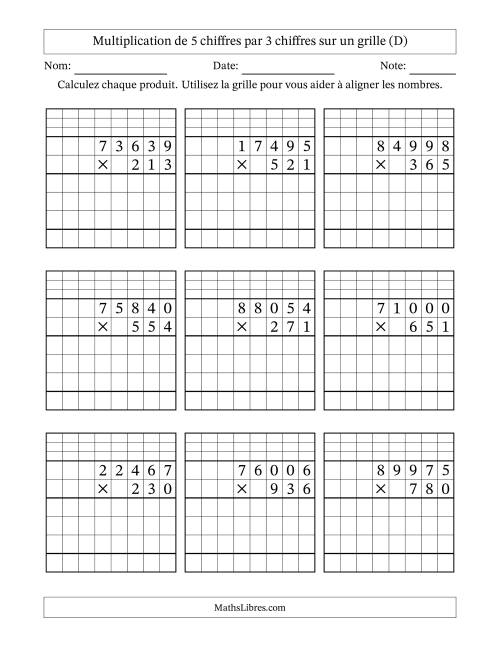 Multiplication de 5 chiffres par 3 chiffres avec l'aide d'une grille avec retenue (D)