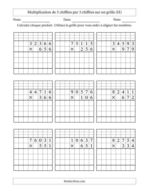 Multiplication de 5 chiffres par 3 chiffres avec l'aide d'une grille avec retenue (H)