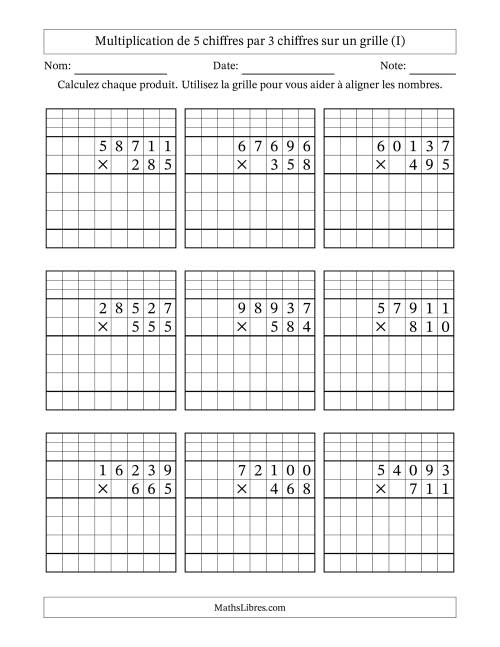 Multiplication de 5 chiffres par 3 chiffres avec l'aide d'une grille avec retenue (I)