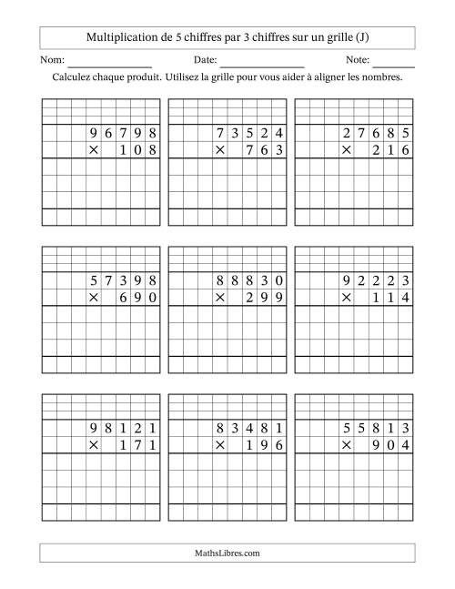 Multiplication de 5 chiffres par 3 chiffres avec l'aide d'une grille avec retenue (J)