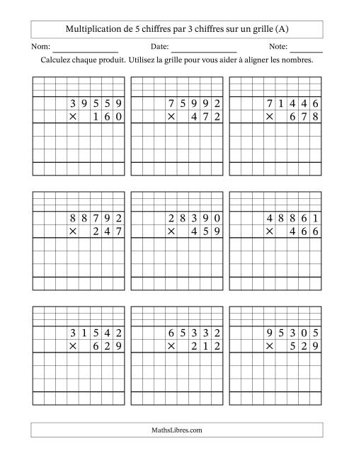 Multiplication de 5 chiffres par 3 chiffres avec l'aide d'une grille avec retenue (Tout)