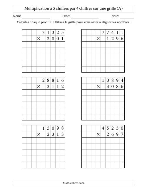 Multiplication à 5 chiffres par 4 chiffres avec le support d'une grille (A)