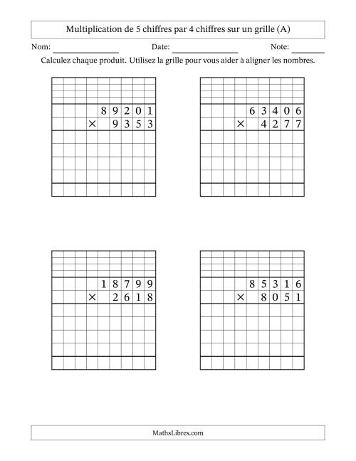 Multiplication de 5 chiffres par 4 chiffres avec l'aide d'une grille avec retenue (A)