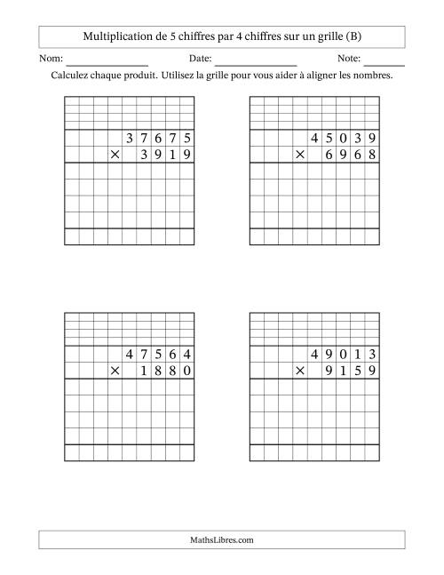 Multiplication de 5 chiffres par 4 chiffres avec l'aide d'une grille avec retenue (B)