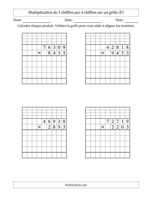 Multiplication de 5 chiffres par 4 chiffres avec l'aide d'une grille avec retenue (F)