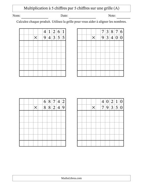 Multiplication à 5 chiffres par 5 chiffres avec le support d'une grille (A)
