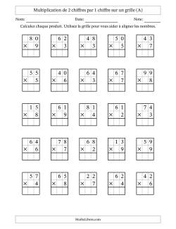 Multiplication de 2 chiffres par 1 chiffre avec l'aide d'une grille sans retenue