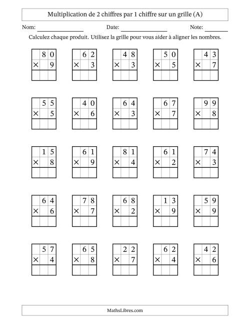 Multiplication de 2 chiffres par 1 chiffre avec l'aide d'une grille sans retenue (A)