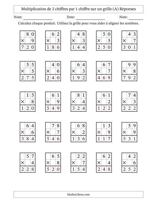 Multiplication de 2 chiffres par 1 chiffre avec l'aide d'une grille sans retenue (A) page 2