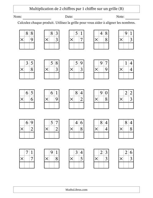 Multiplication de 2 chiffres par 1 chiffre avec l'aide d'une grille sans retenue (B)