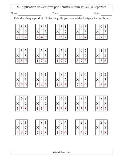 Multiplication de 2 chiffres par 1 chiffre avec l'aide d'une grille sans retenue (B) page 2