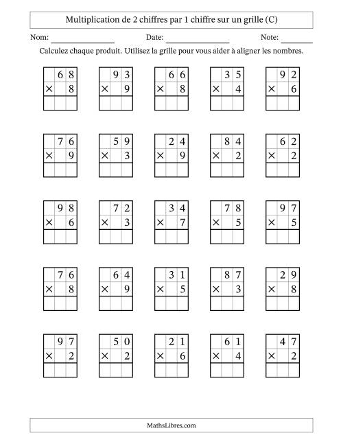 Multiplication de 2 chiffres par 1 chiffre avec l'aide d'une grille sans retenue (C)