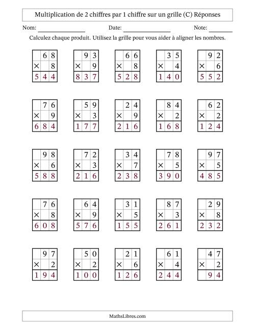 Multiplication de 2 chiffres par 1 chiffre avec l'aide d'une grille sans retenue (C) page 2