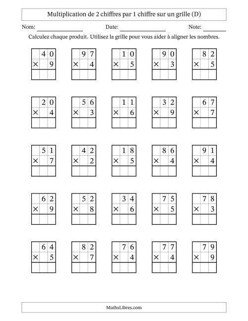 Multiplication de 2 chiffres par 1 chiffre avec l'aide d'une grille sans retenue (D)