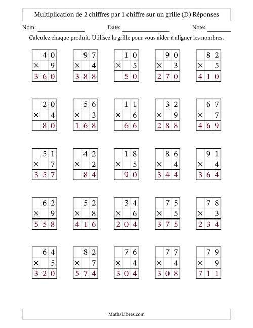 Multiplication de 2 chiffres par 1 chiffre avec l'aide d'une grille sans retenue (D) page 2