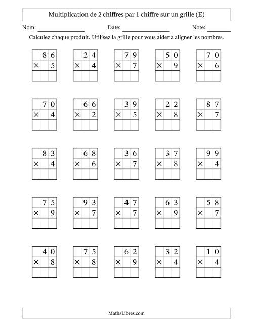 Multiplication de 2 chiffres par 1 chiffre avec l'aide d'une grille sans retenue (E)