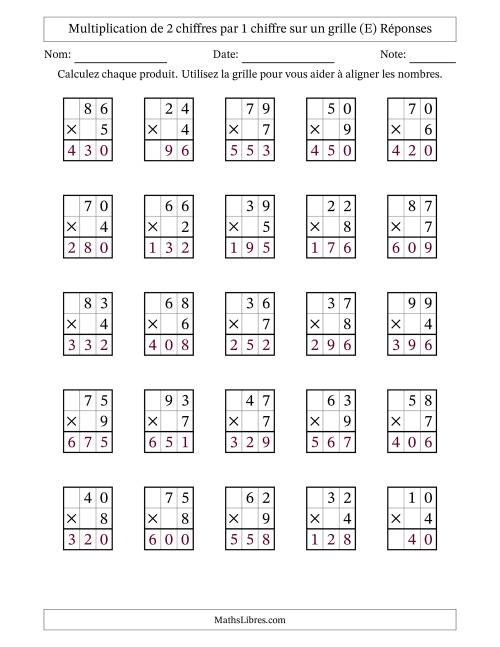 Multiplication de 2 chiffres par 1 chiffre avec l'aide d'une grille sans retenue (E) page 2