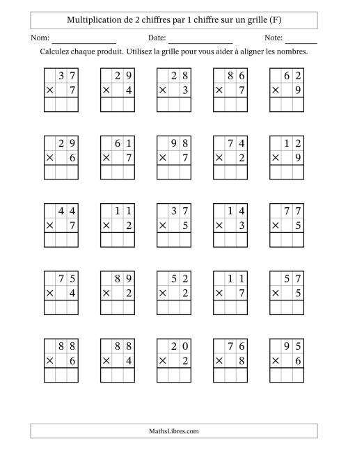 Multiplication de 2 chiffres par 1 chiffre avec l'aide d'une grille sans retenue (F)