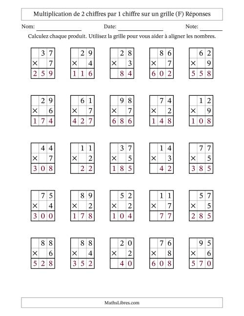 Multiplication de 2 chiffres par 1 chiffre avec l'aide d'une grille sans retenue (F) page 2