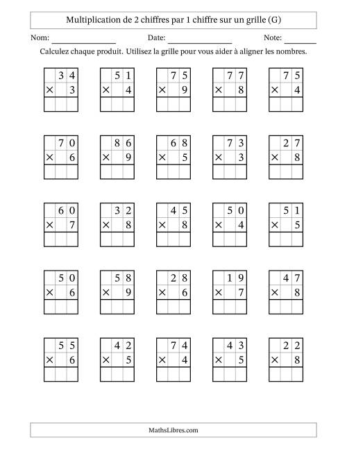 Multiplication de 2 chiffres par 1 chiffre avec l'aide d'une grille sans retenue (G)