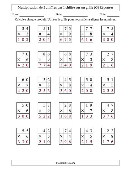 Multiplication de 2 chiffres par 1 chiffre avec l'aide d'une grille sans retenue (G) page 2