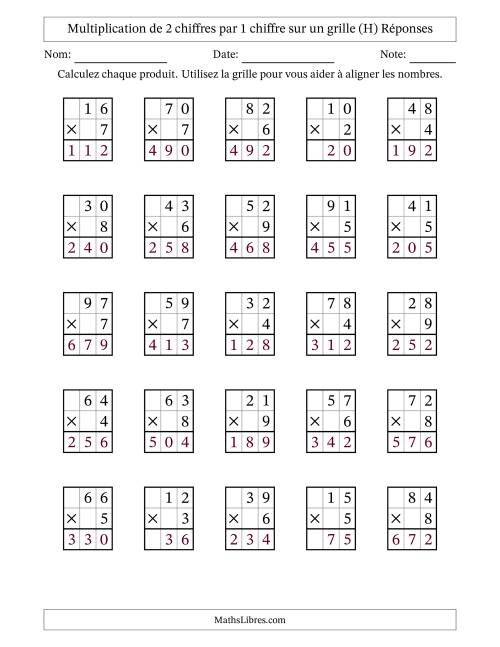 Multiplication de 2 chiffres par 1 chiffre avec l'aide d'une grille sans retenue (H) page 2