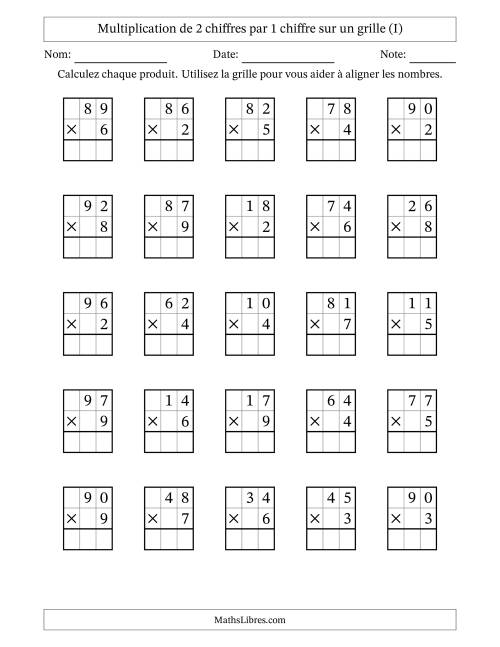 Multiplication de 2 chiffres par 1 chiffre avec l'aide d'une grille sans retenue (I)