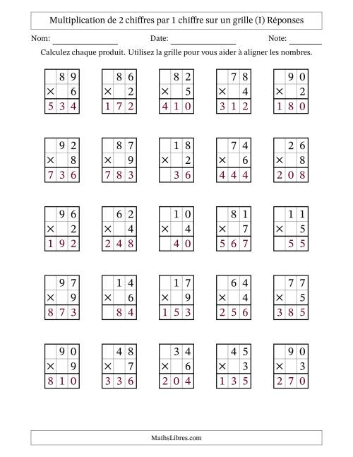 Multiplication de 2 chiffres par 1 chiffre avec l'aide d'une grille sans retenue (I) page 2