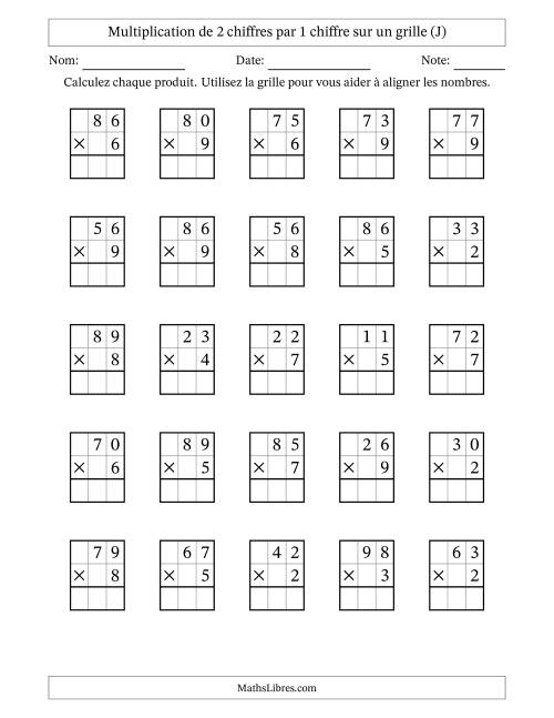 Multiplication de 2 chiffres par 1 chiffre avec l'aide d'une grille sans retenue (J)