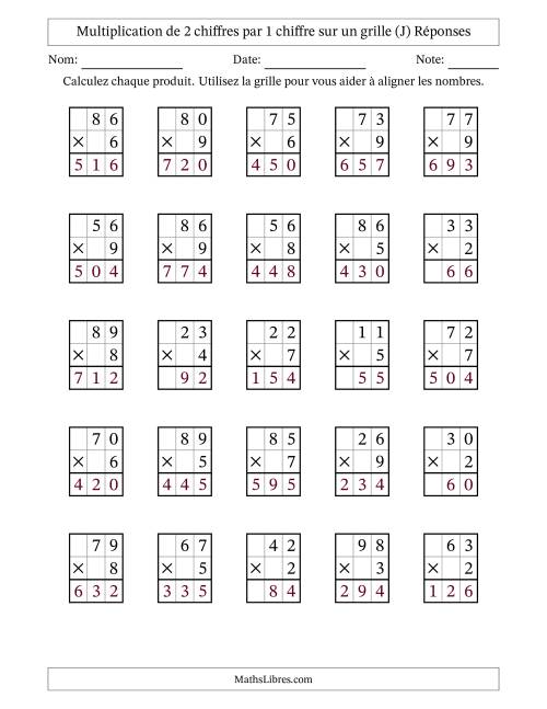 Multiplication de 2 chiffres par 1 chiffre avec l'aide d'une grille sans retenue (J) page 2