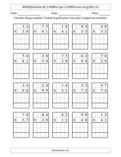 Multiplication de 2 chiffres par 2 chiffres avec l'aide d'une grille sans retenue