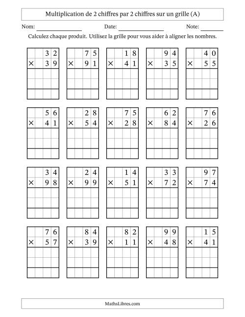 Multiplication de 2 chiffres par 2 chiffres avec l'aide d'une grille sans retenue (A)