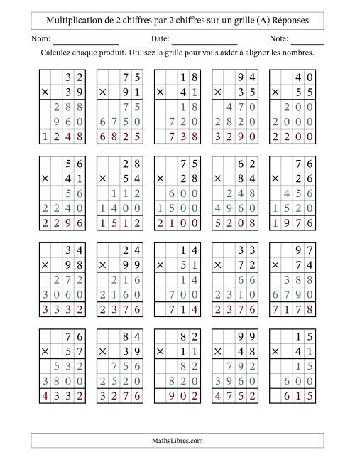 Multiplication de 2 chiffres par 2 chiffres avec l'aide d'une grille sans retenue (A) page 2