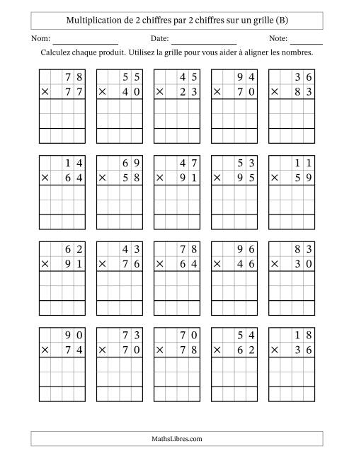 Multiplication de 2 chiffres par 2 chiffres avec l'aide d'une grille sans retenue (B)