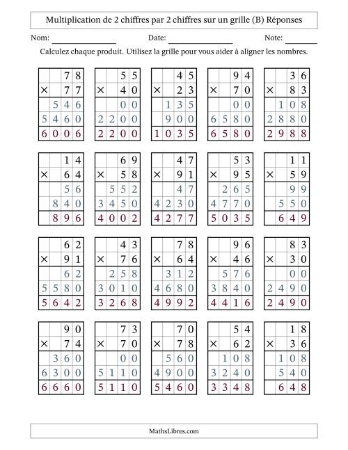 Multiplication de 2 chiffres par 2 chiffres avec l'aide d'une grille sans retenue (B) page 2