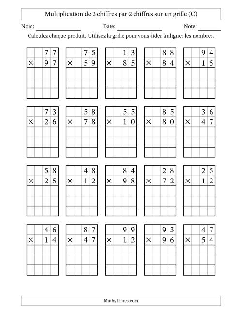 Multiplication de 2 chiffres par 2 chiffres avec l'aide d'une grille sans retenue (C)