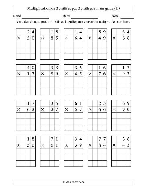 Multiplication de 2 chiffres par 2 chiffres avec l'aide d'une grille sans retenue (D)